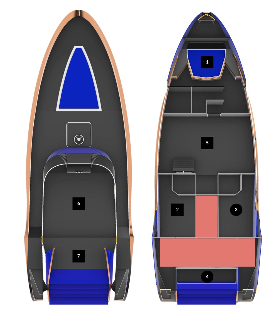Deck plans of Laghento seen from above: the upper deck on the left, the lower deck on the right, with the spaces numbered